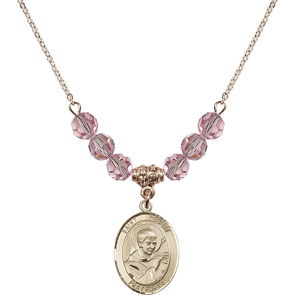 14kt Gold Filled Saint Robert Bellarmine Birthstone Necklace with Light Rose Beads - 8096