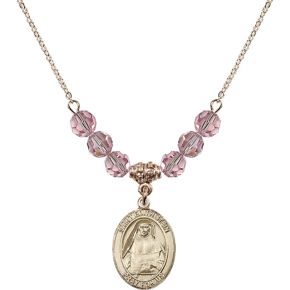 14kt Gold Filled Saint Edith Stein Birthstone Necklace with Light Rose Beads - 8103