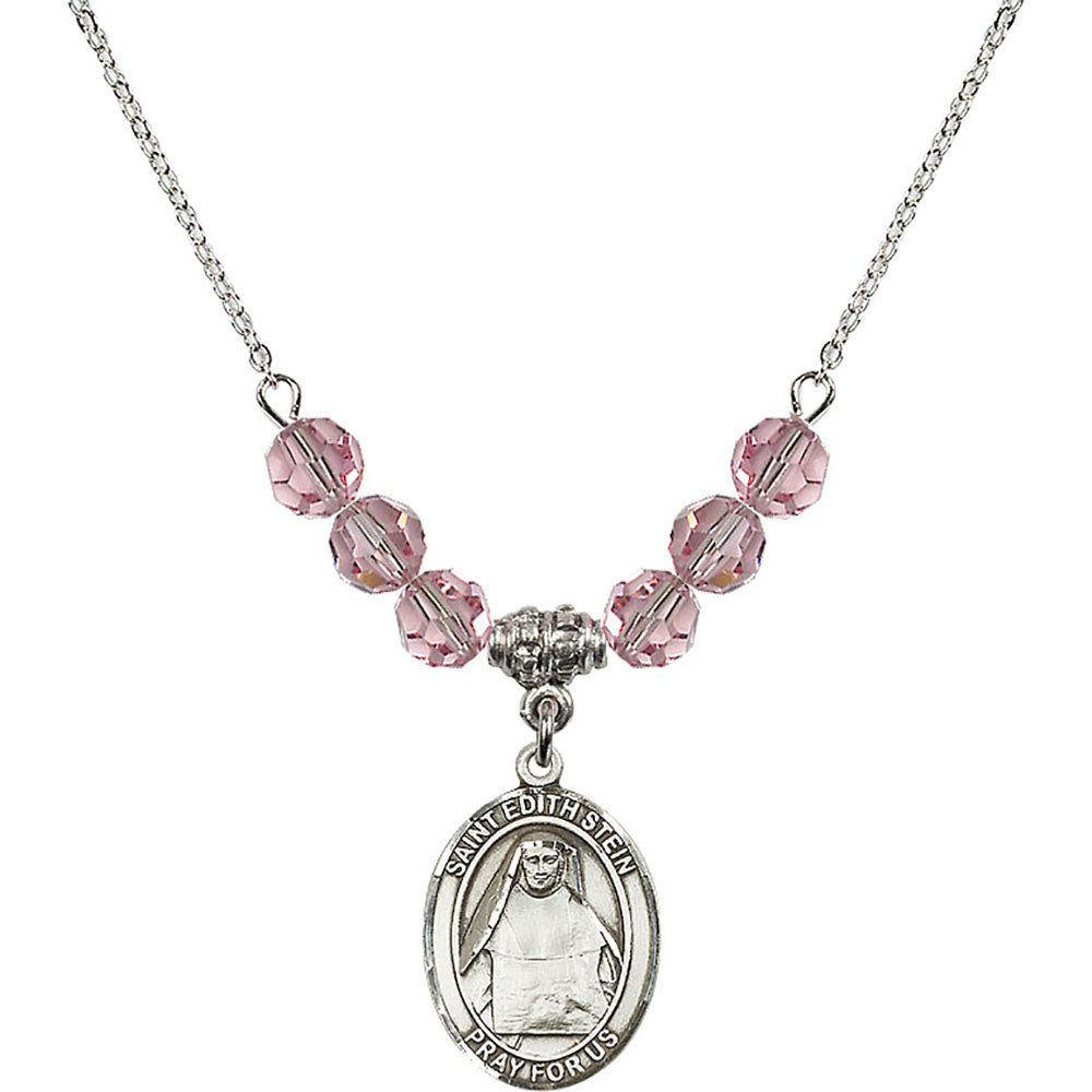Sterling Silver Saint Edith Stein Birthstone Necklace with Light Rose Beads - 8103