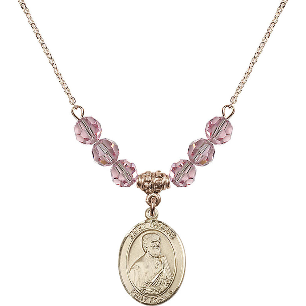 14kt Gold Filled Saint Thomas the Apostle Birthstone Necklace with Light Rose Beads - 8107