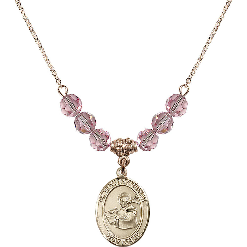 14kt Gold Filled Saint Thomas Aquinas Birthstone Necklace with Light Rose Beads - 8108
