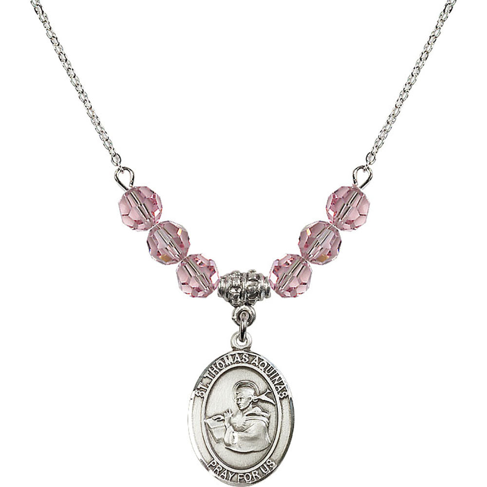 Sterling Silver Saint Thomas Aquinas Birthstone Necklace with Light Rose Beads - 8108