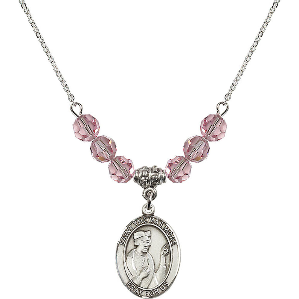 Sterling Silver Saint Thomas More Birthstone Necklace with Light Rose Beads - 8109