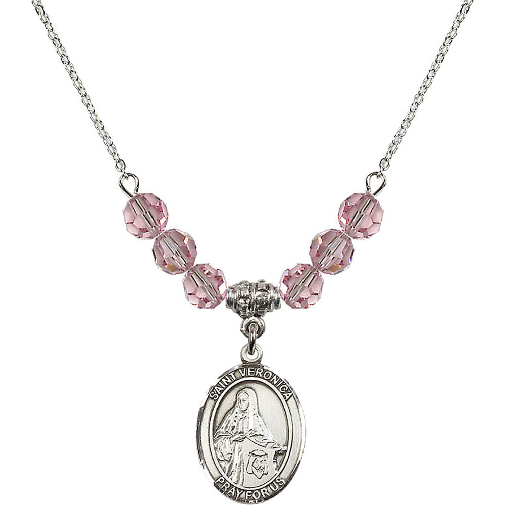 Sterling Silver Saint Veronica Birthstone Necklace with Light Rose Beads - 8110