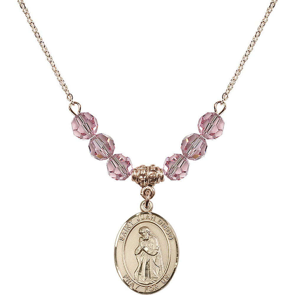 14kt Gold Filled Saint Juan Diego Birthstone Necklace with Light Rose Beads - 8111