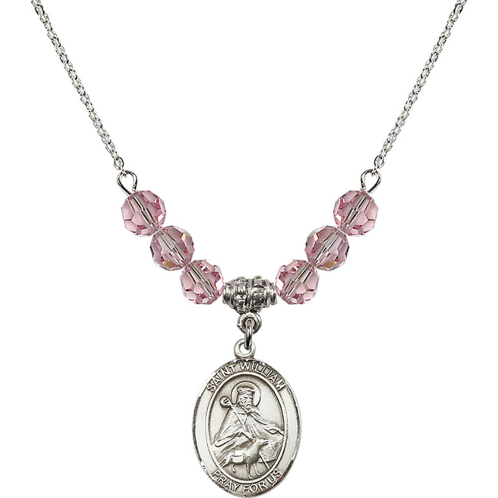 Sterling Silver Saint William of Rochester Birthstone Necklace with Light Rose Beads - 8114