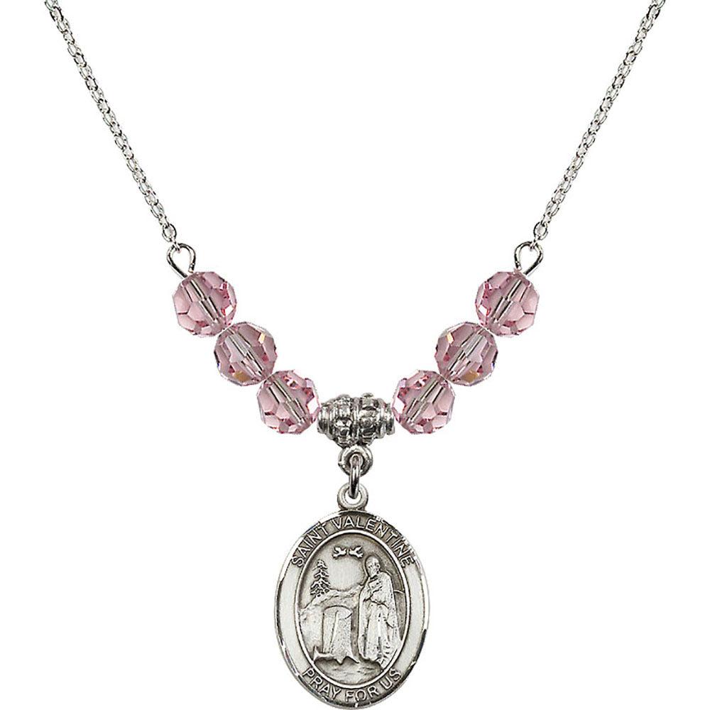 Sterling Silver Saint Valentine of Rome Birthstone Necklace with Light Rose Beads - 8121