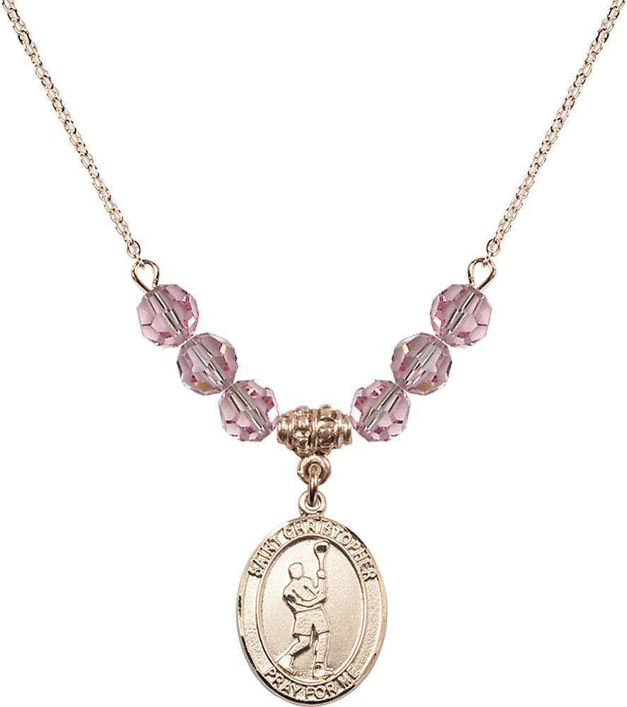 14kt Gold Filled Saint Christopher/Lacrosse Birthstone Necklace with Light Rose Beads - 8144