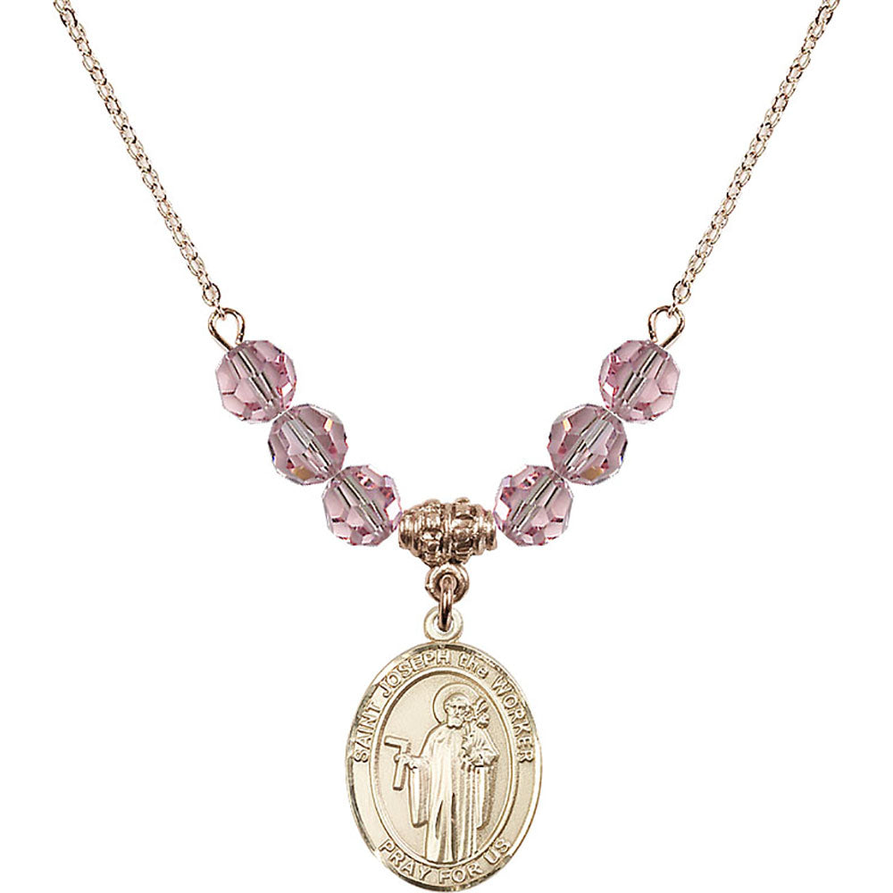 14kt Gold Filled Saint Joseph the Worker Birthstone Necklace with Light Rose Beads - 8220