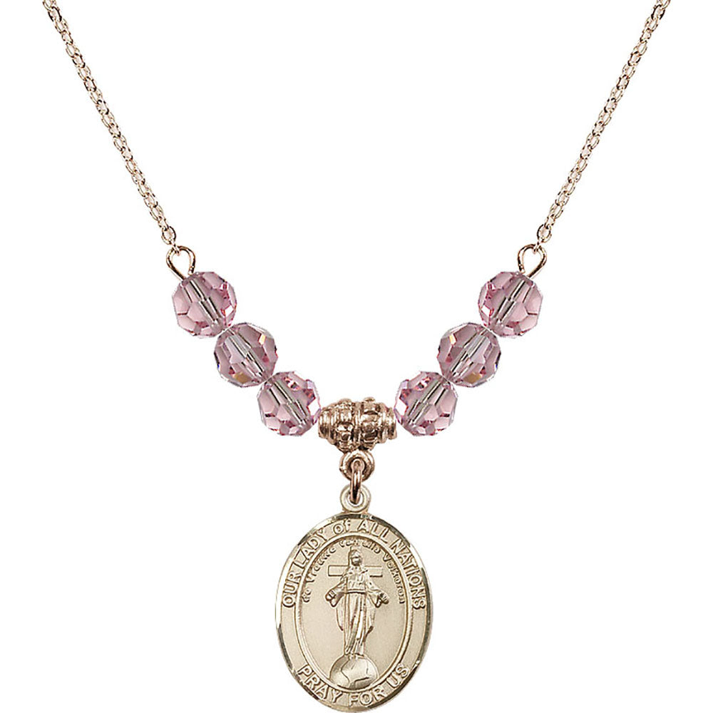14kt Gold Filled Our Lady of All Nations Birthstone Necklace with Light Rose Beads - 8242