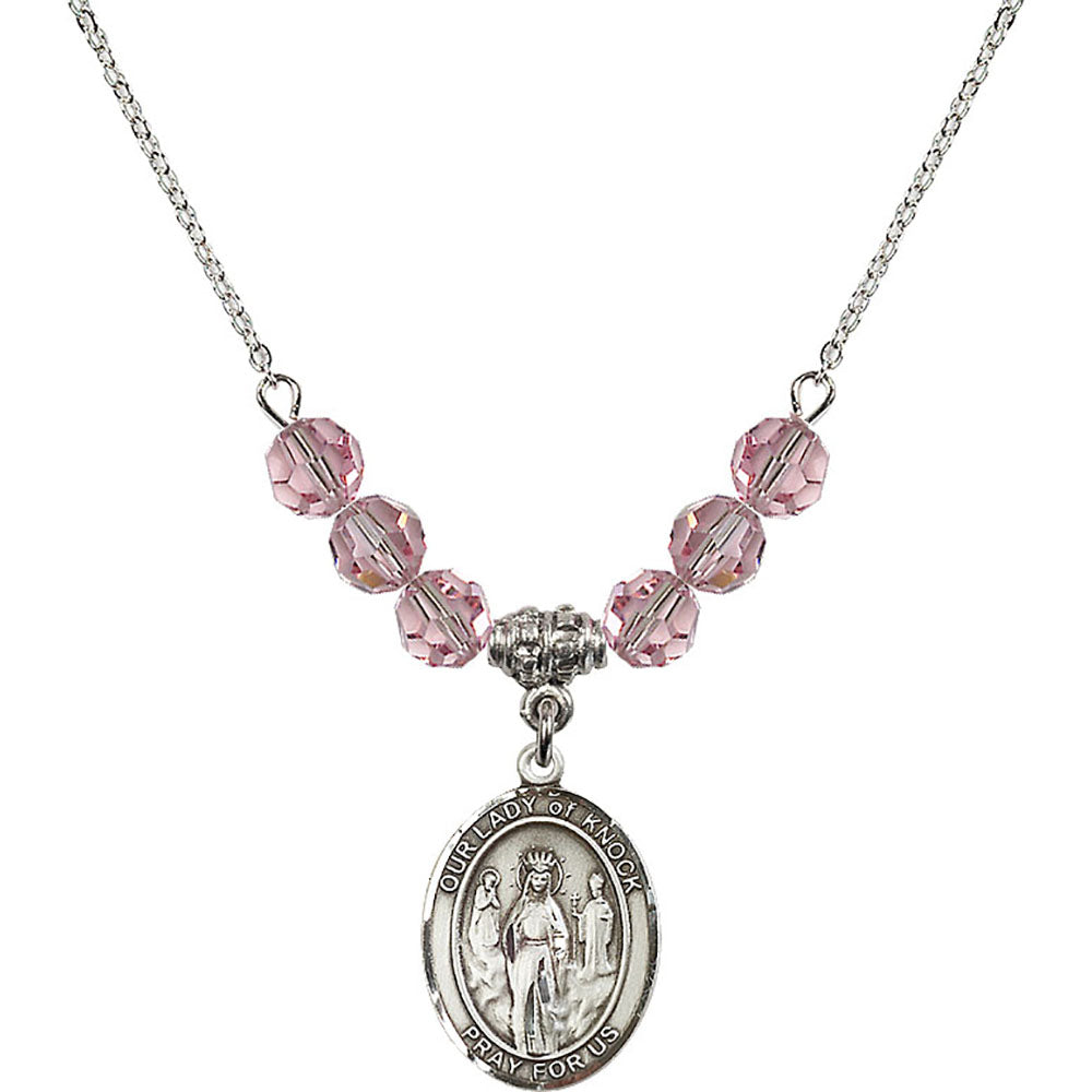 Sterling Silver Our Lady of Knock Birthstone Necklace with Light Rose Beads - 8246