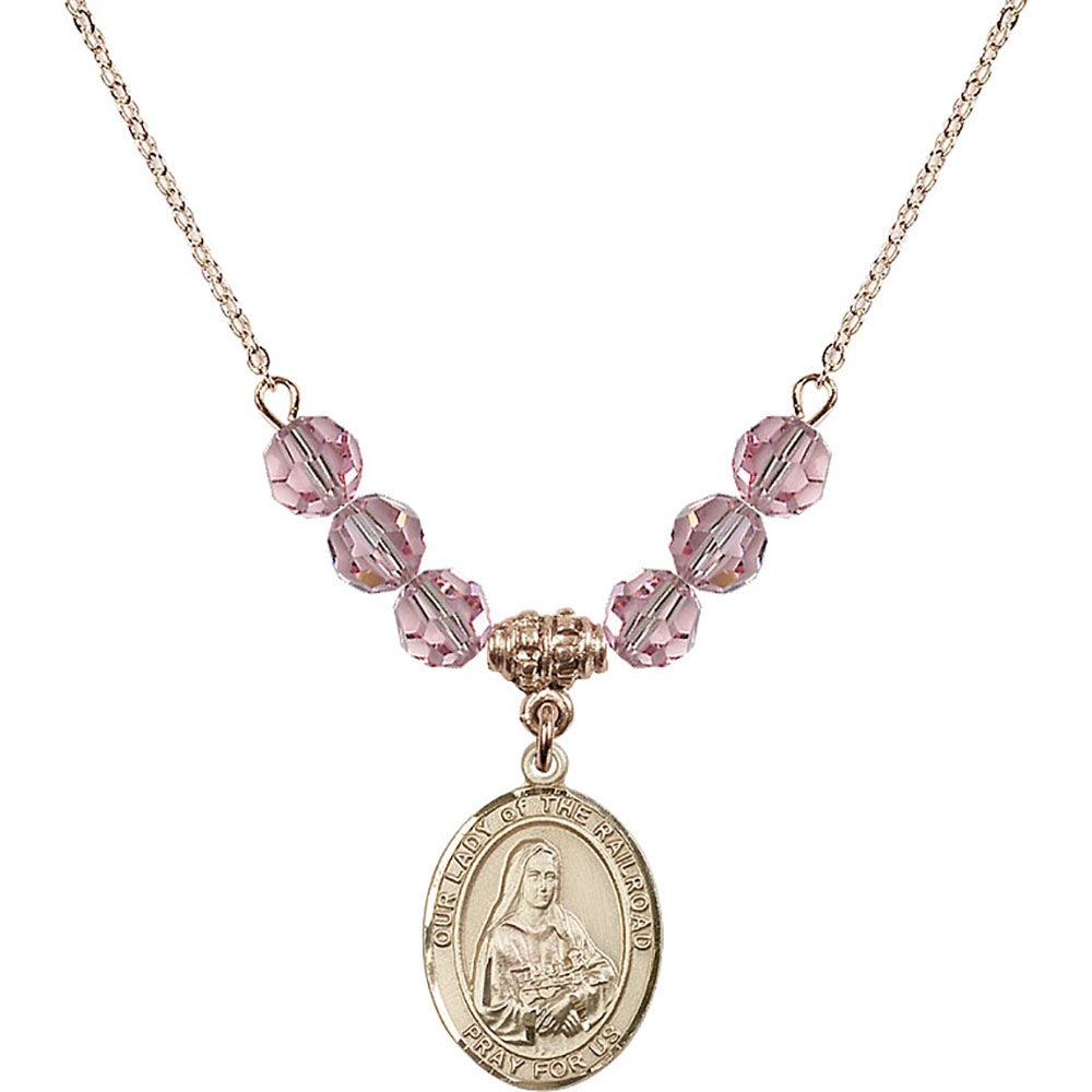 14kt Gold Filled Our Lady of the Railroad Birthstone Necklace with Light Rose Beads - 8247