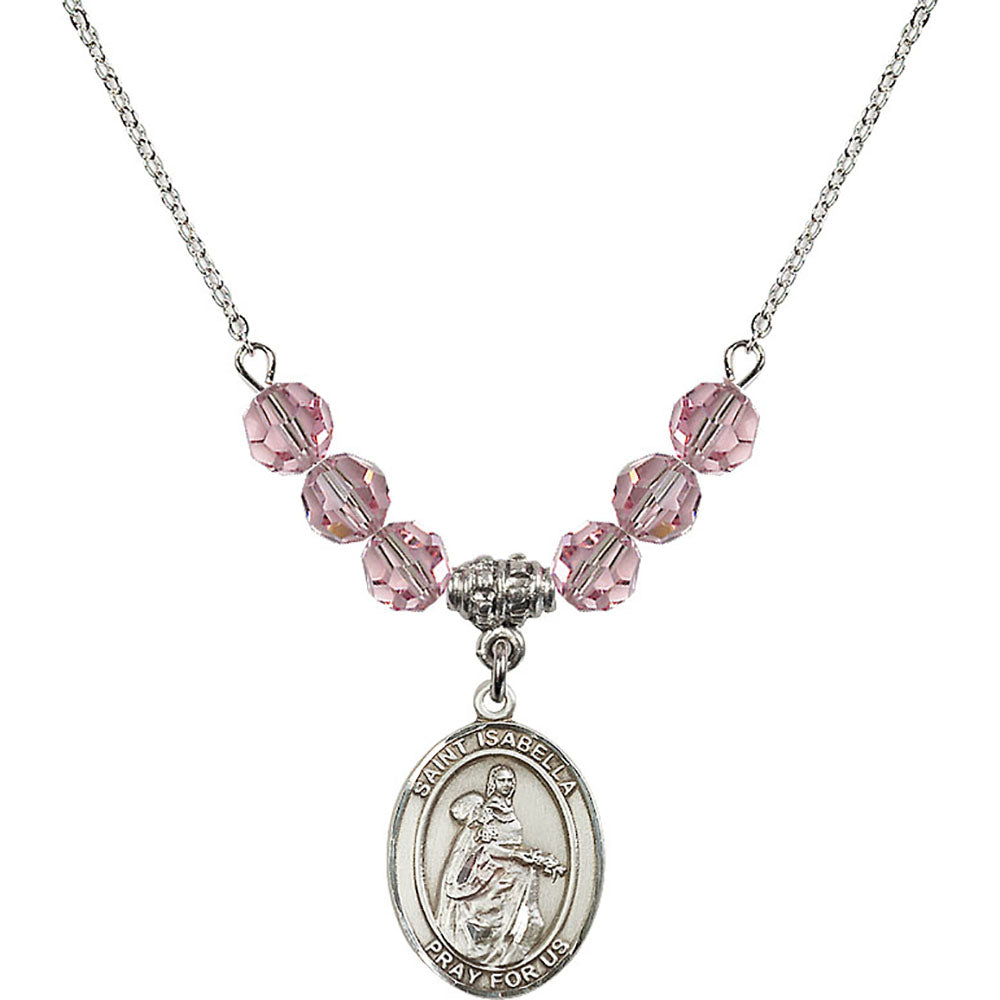 Sterling Silver Saint Isabella of Portugal Birthstone Necklace with Light Rose Beads - 8250