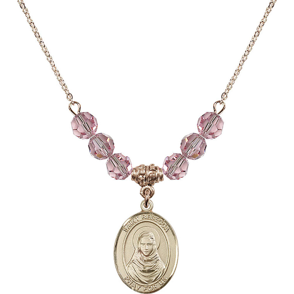 14kt Gold Filled Saint Rebecca Birthstone Necklace with Light Rose Beads - 8252