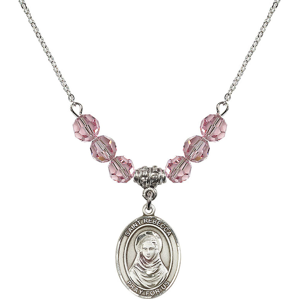 Sterling Silver Saint Rebecca Birthstone Necklace with Light Rose Beads - 8252