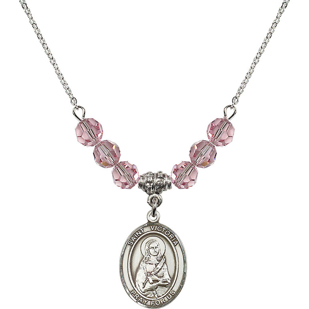 Sterling Silver Saint Victoria Birthstone Necklace with Light Rose Beads - 8253