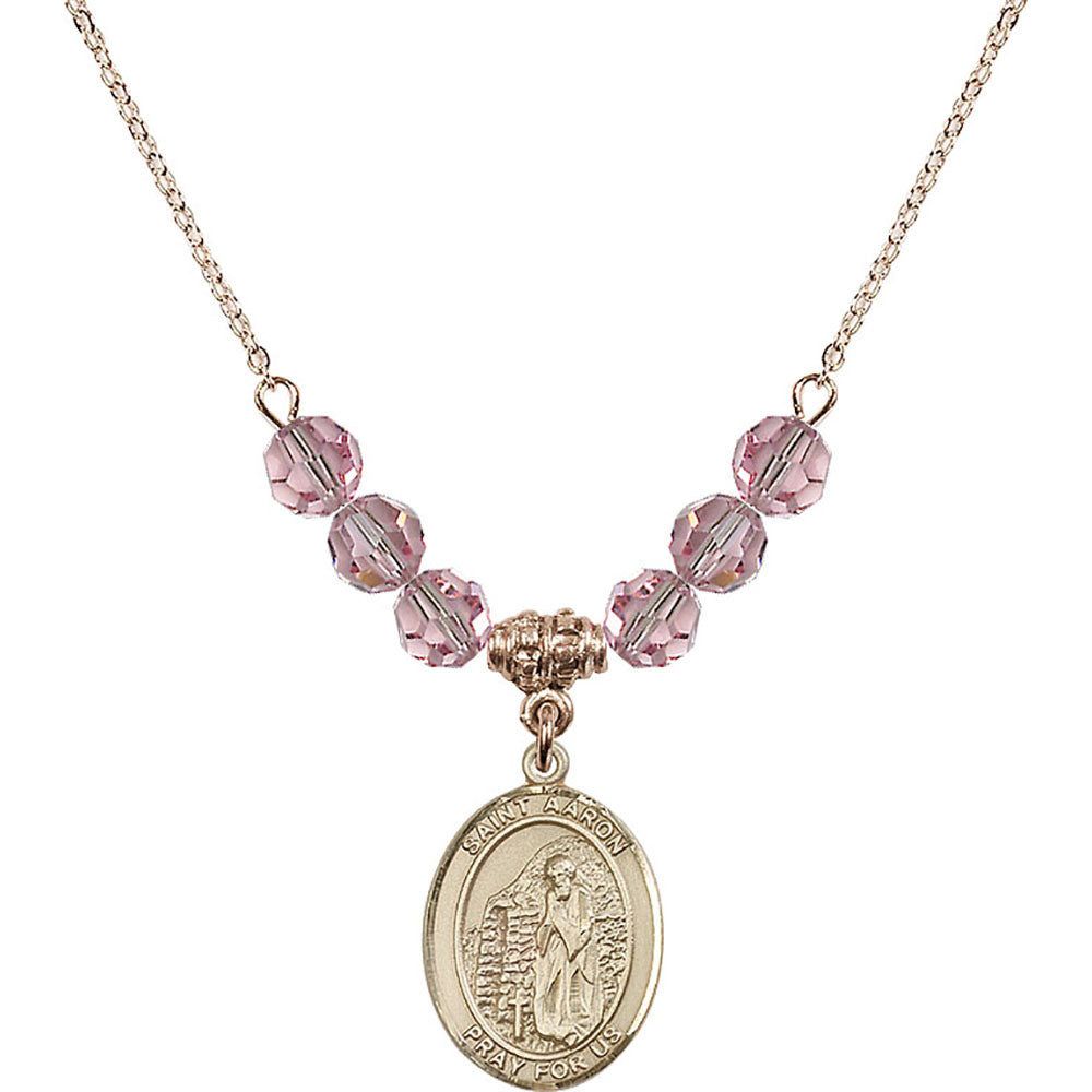 14kt Gold Filled Saint Aaron Birthstone Necklace with Light Rose Beads - 8254