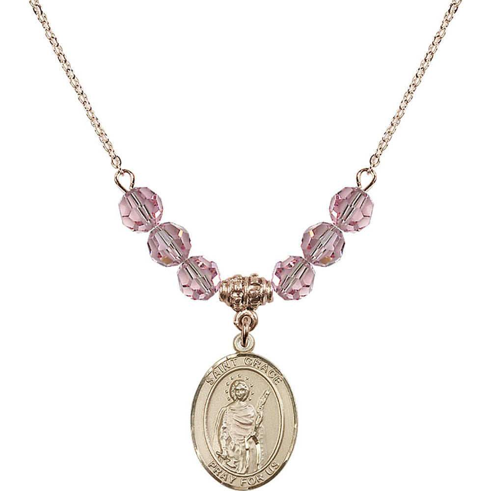 14kt Gold Filled Saint Grace Birthstone Necklace with Light Rose Beads - 8255