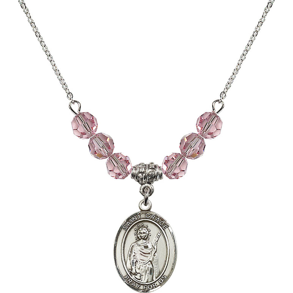 Sterling Silver Saint Grace Birthstone Necklace with Light Rose Beads - 8255