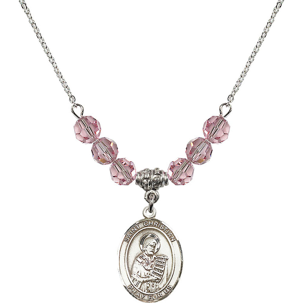 Sterling Silver Saint Christian Demosthenes Birthstone Necklace with Light Rose Beads - 8257