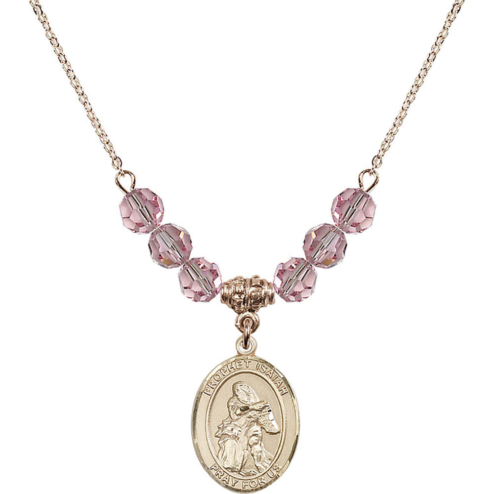 14kt Gold Filled Saint Isaiah Birthstone Necklace with Light Rose Beads - 8258