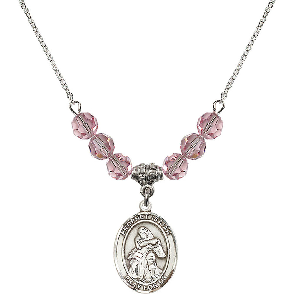 Sterling Silver Saint Isaiah Birthstone Necklace with Light Rose Beads - 8258