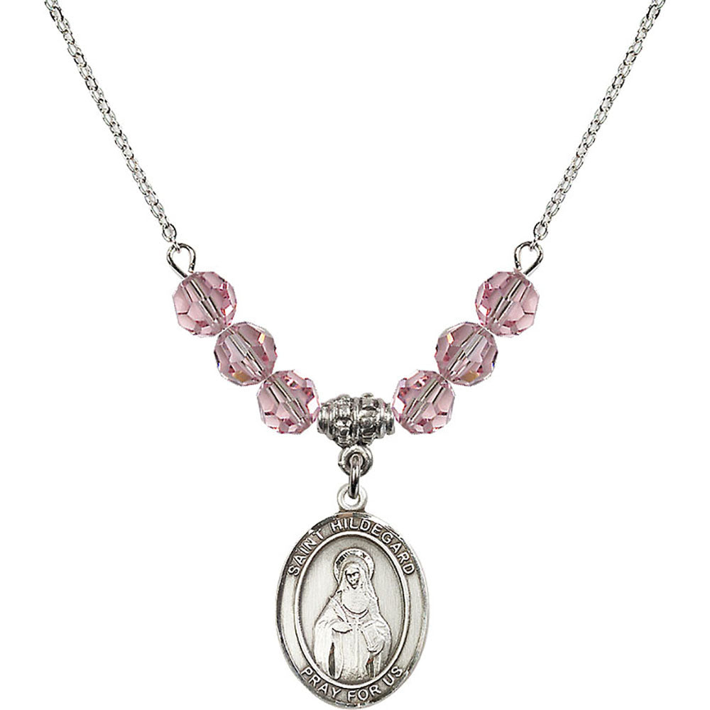 Sterling Silver Saint Hildegard von Bingen Birthstone Necklace with Light Rose Beads - 8260