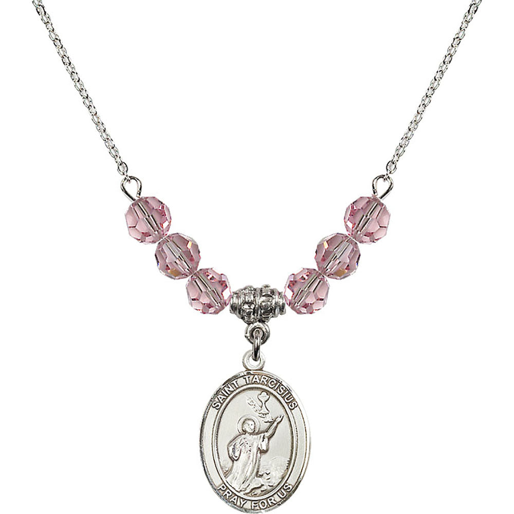 Sterling Silver Saint Tarcisius Birthstone Necklace with Light Rose Beads - 8261