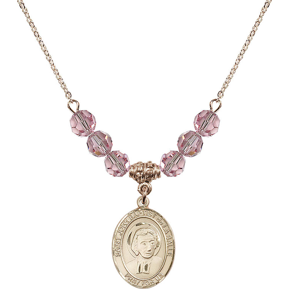14kt Gold Filled Saint John Baptist de la Salle Birthstone Necklace with Light Rose Beads - 8262