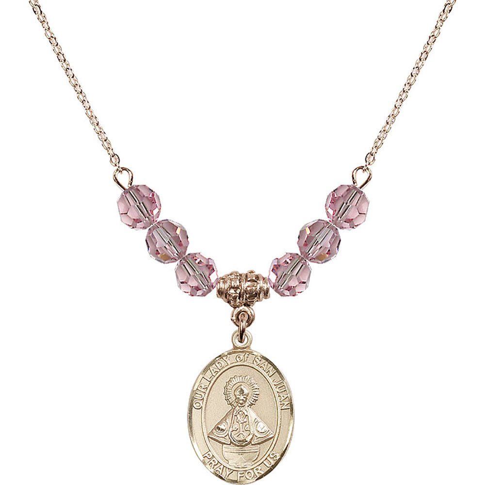14kt Gold Filled Our Lady of San Juan Birthstone Necklace with Light Rose Beads - 8263