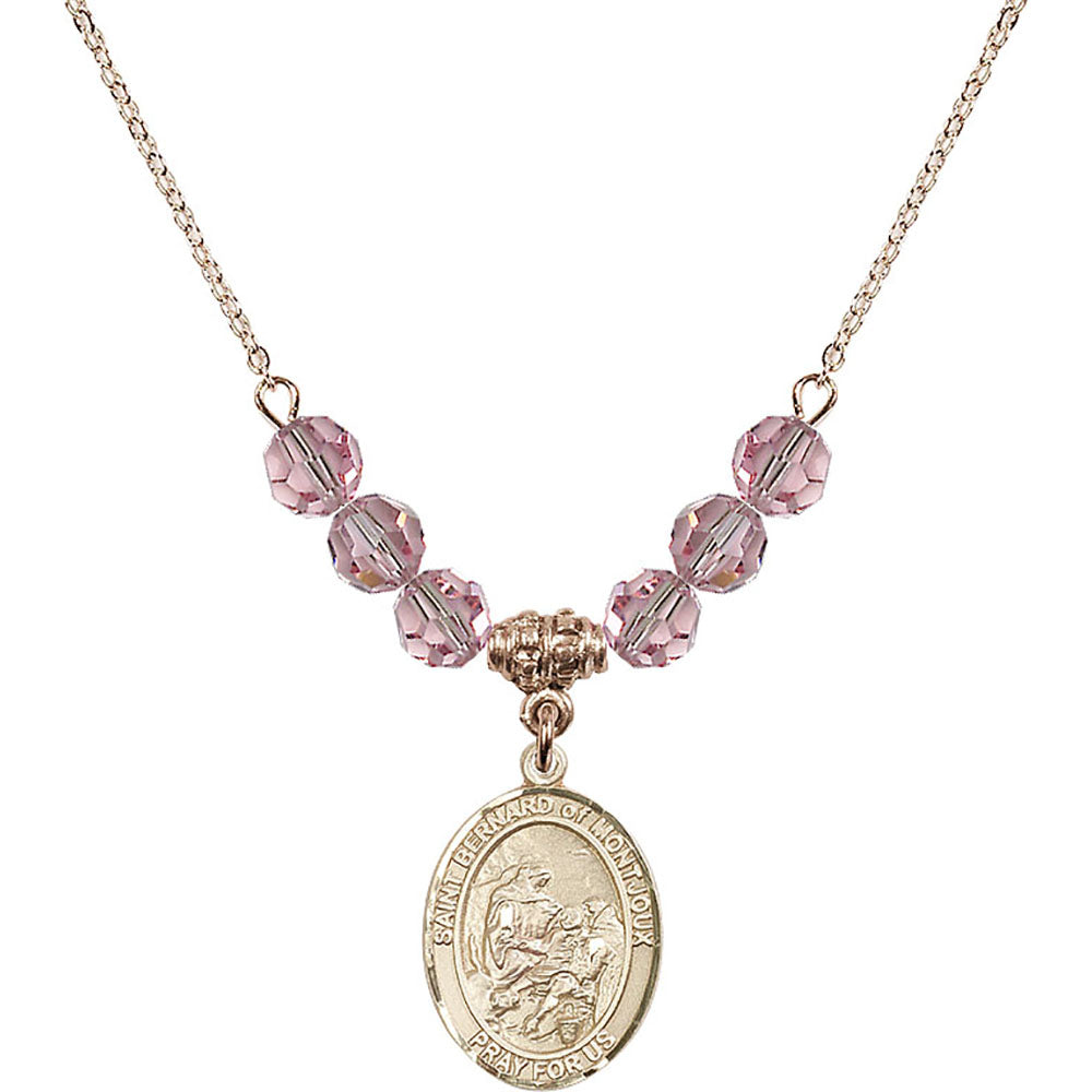 14kt Gold Filled Saint Bernard of Montjoux Birthstone Necklace with Light Rose Beads - 8264