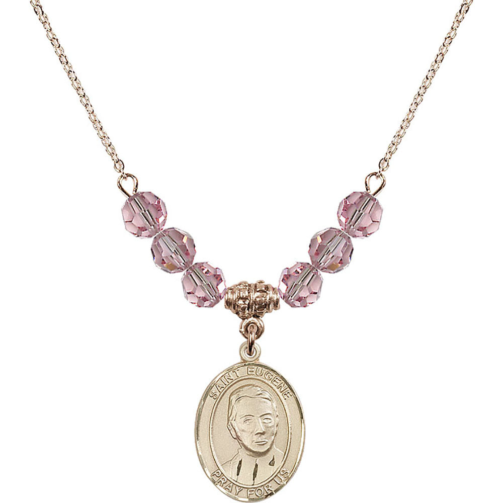 14kt Gold Filled Saint Eugene de Mazenod Birthstone Necklace with Light Rose Beads - 8266
