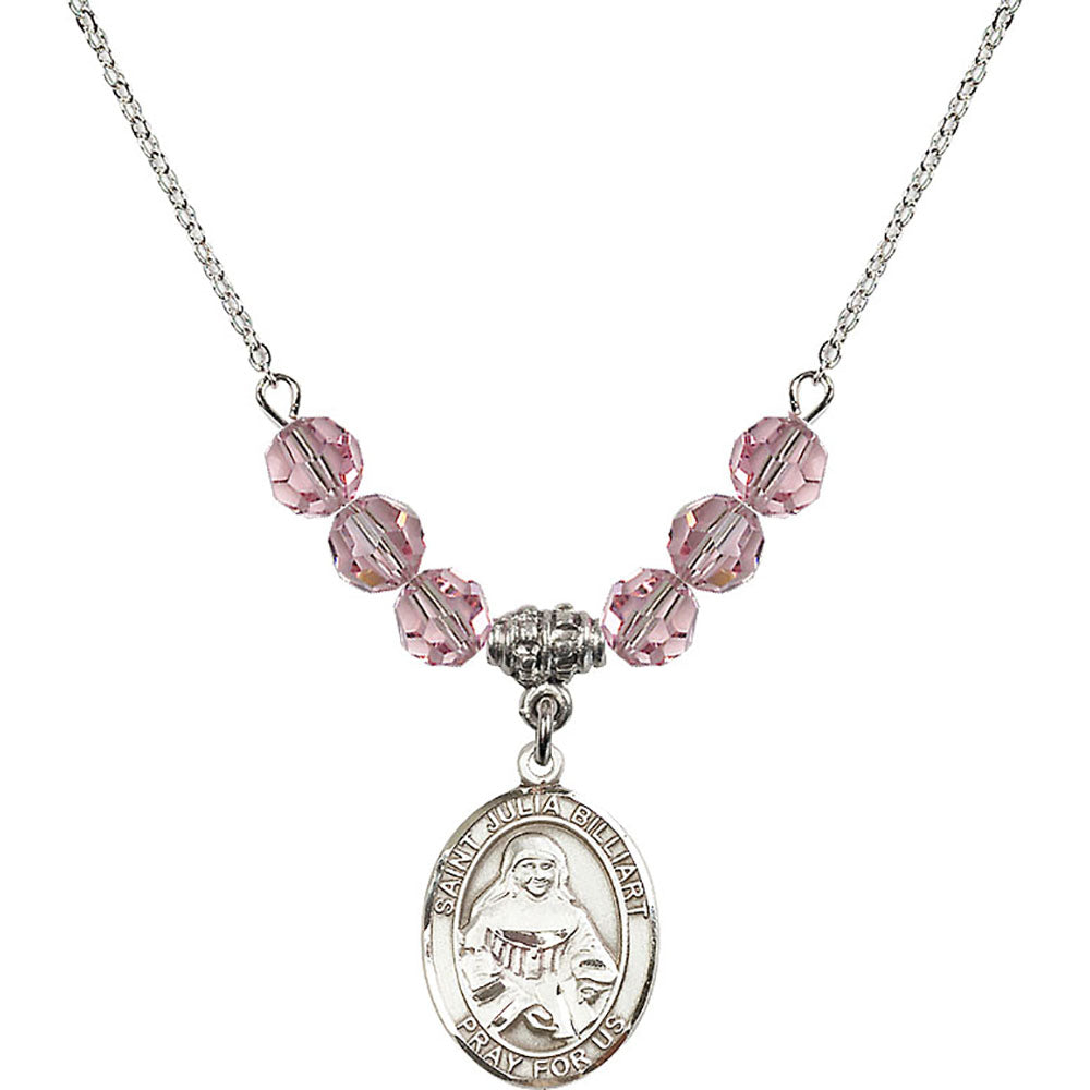 Sterling Silver Saint Julia Billiart Birthstone Necklace with Light Rose Beads - 8267