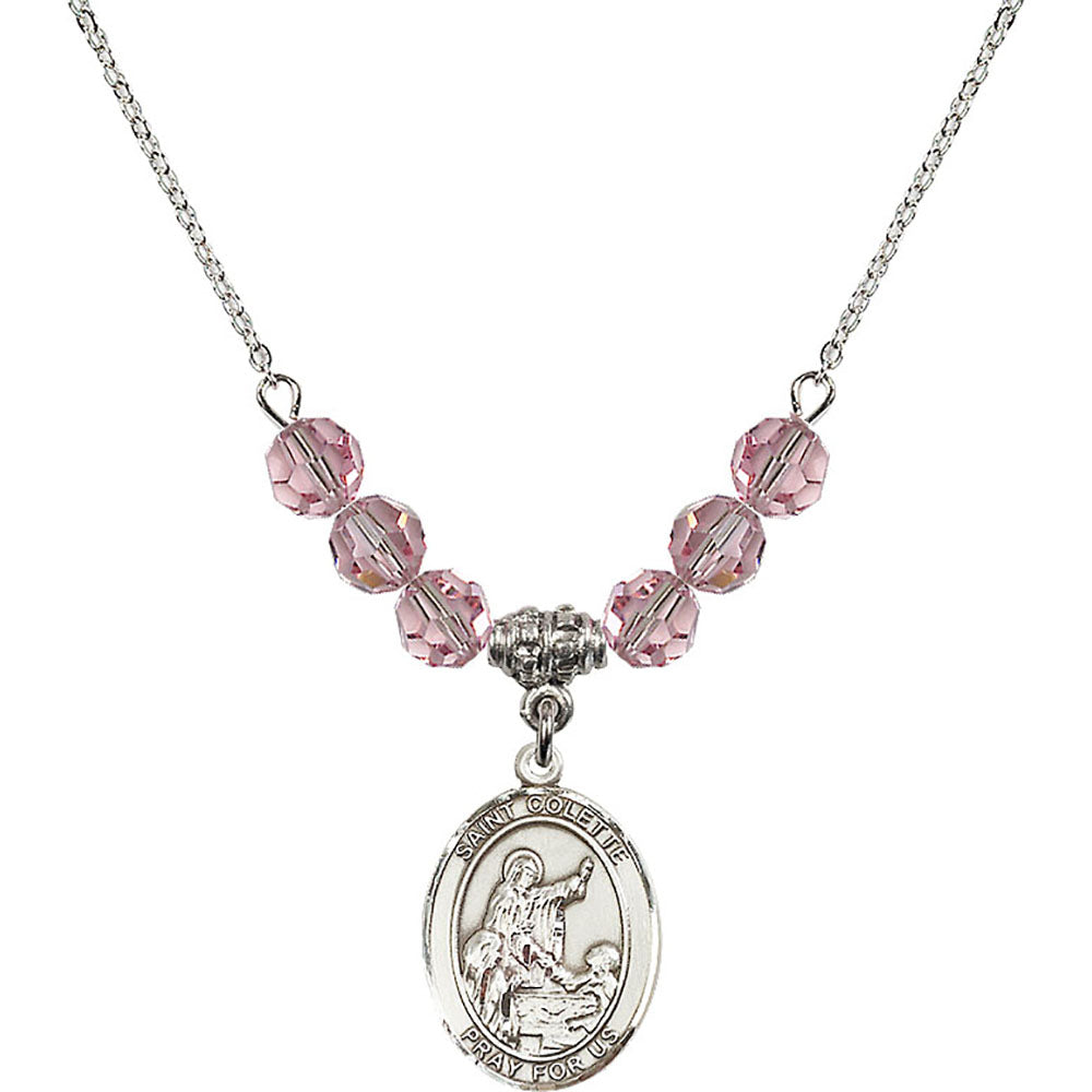 Sterling Silver Saint Colette Birthstone Necklace with Light Rose Beads - 8268