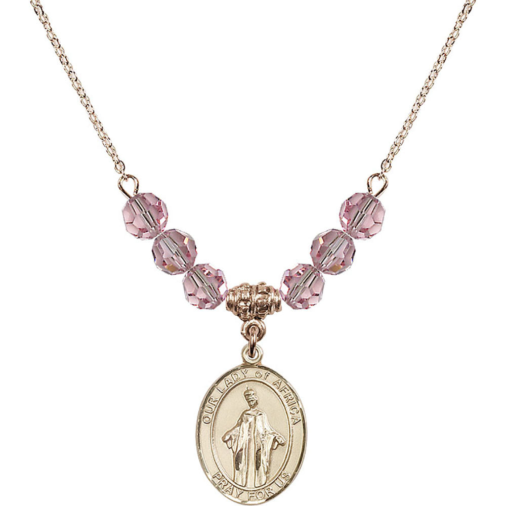 14kt Gold Filled Our Lady of Africa Birthstone Necklace with Light Rose Beads - 8269