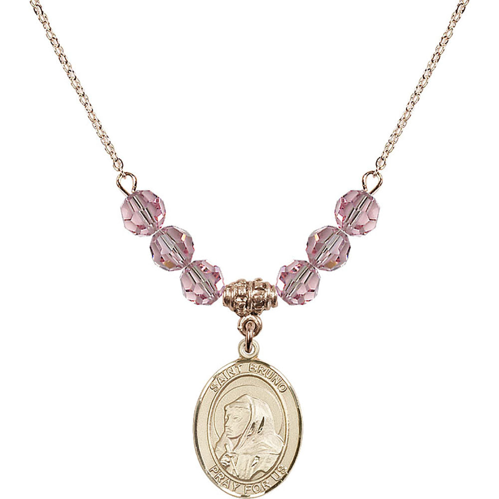 14kt Gold Filled Saint Bruno Birthstone Necklace with Light Rose Beads - 8270