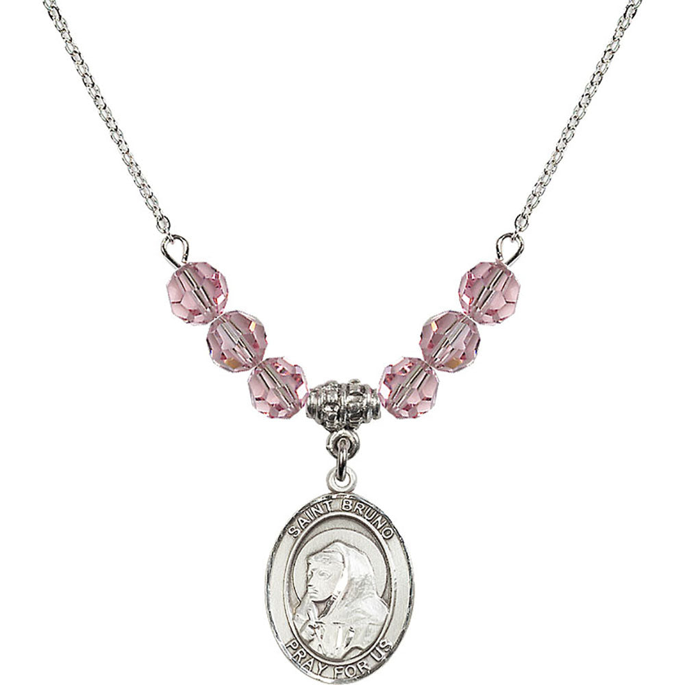 Sterling Silver Saint Bruno Birthstone Necklace with Light Rose Beads - 8270