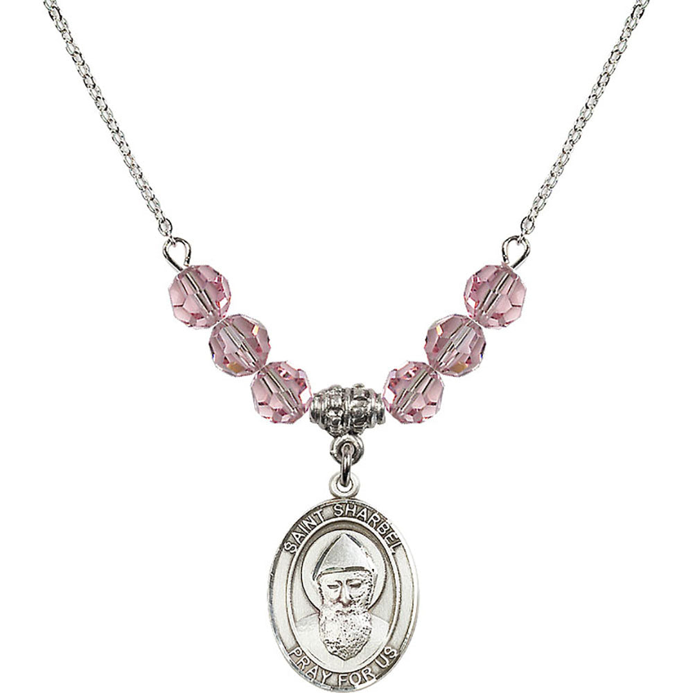 Sterling Silver Saint Sharbel Birthstone Necklace with Light Rose Beads - 8271