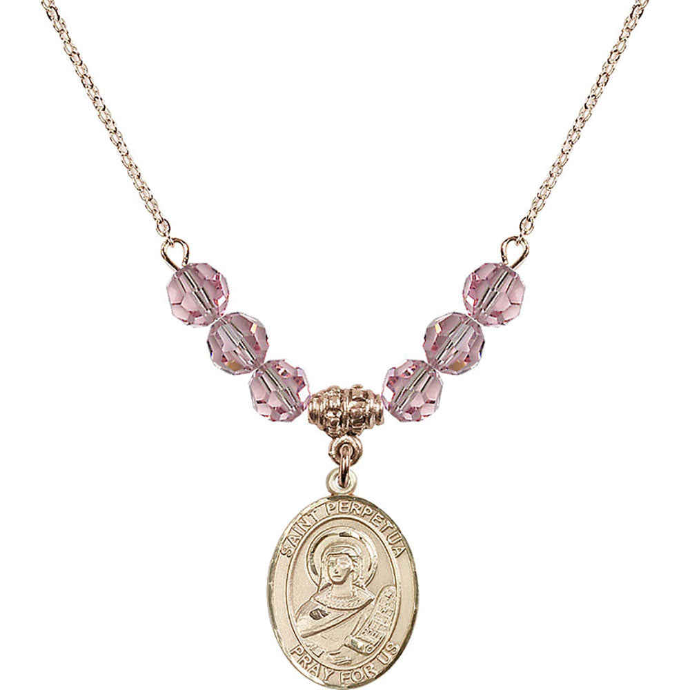14kt Gold Filled Saint Perpetua Birthstone Necklace with Light Rose Beads - 8272