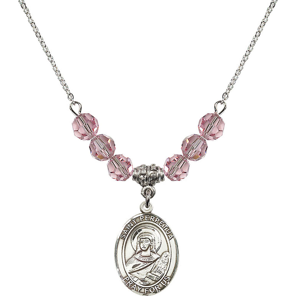 Sterling Silver Saint Perpetua Birthstone Necklace with Light Rose Beads - 8272