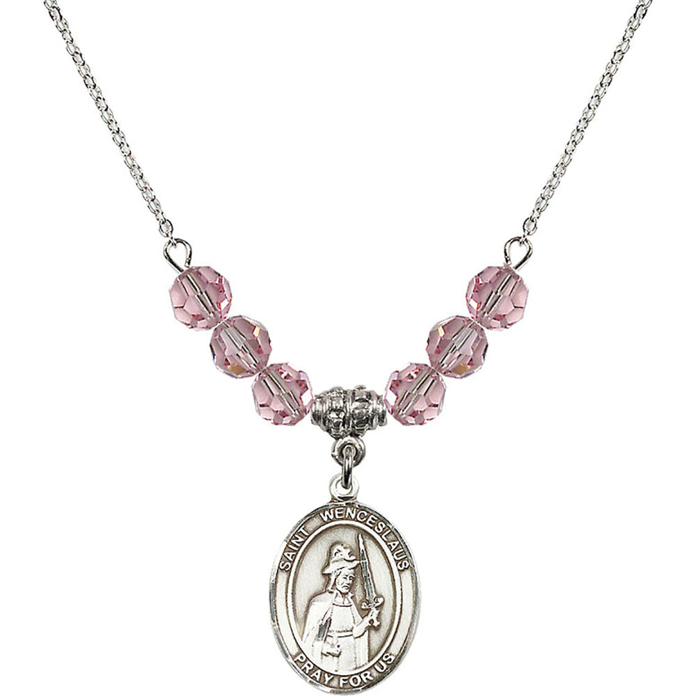 Sterling Silver Saint Wenceslaus Birthstone Necklace with Light Rose Beads - 8273