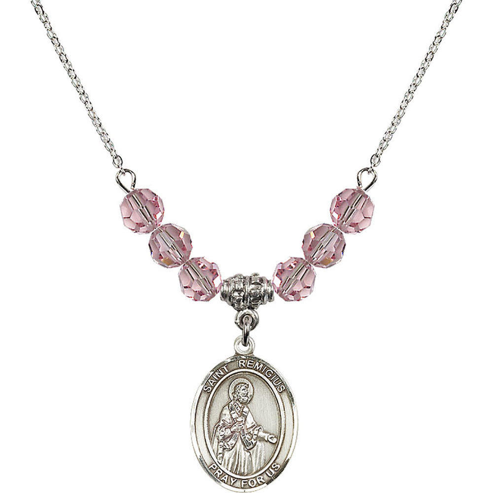 Sterling Silver Saint Remigius of Reims Birthstone Necklace with Light Rose Beads - 8274