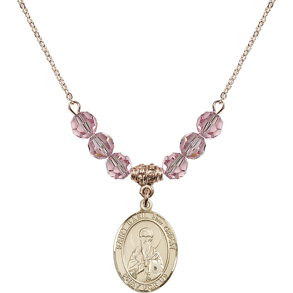 14kt Gold Filled Saint Basil the Great Birthstone Necklace with Light Rose Beads - 8275