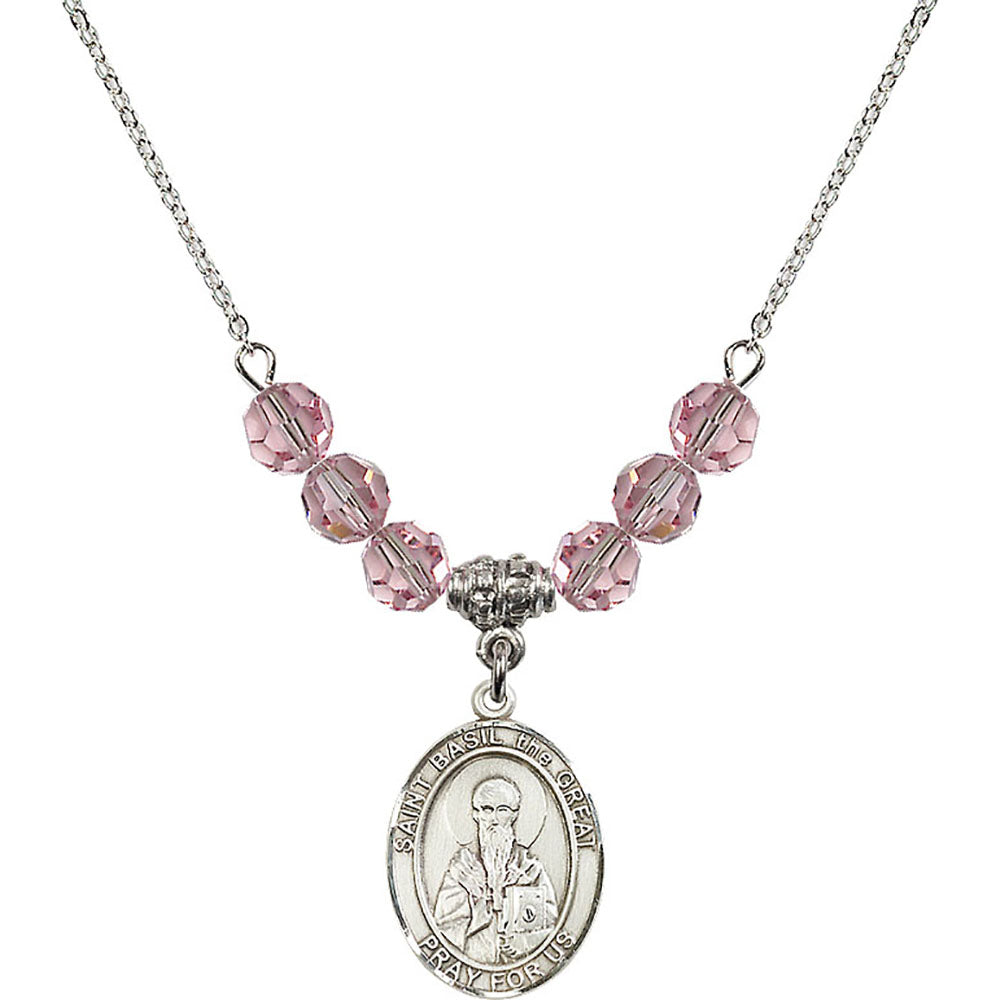 Sterling Silver Saint Basil the Great Birthstone Necklace with Light Rose Beads - 8275