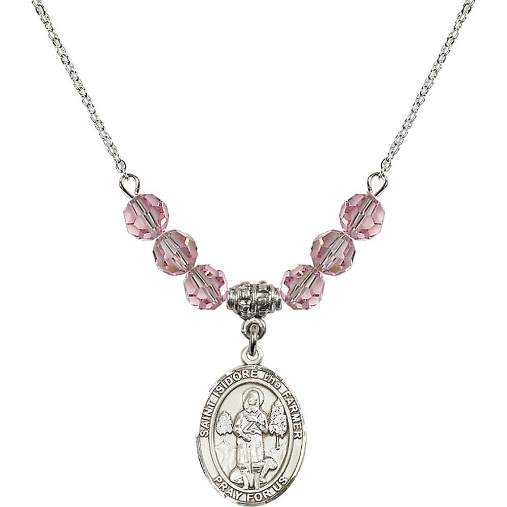 Sterling Silver Saint Isidore the Farmer Birthstone Necklace with Light Rose Beads - 8276