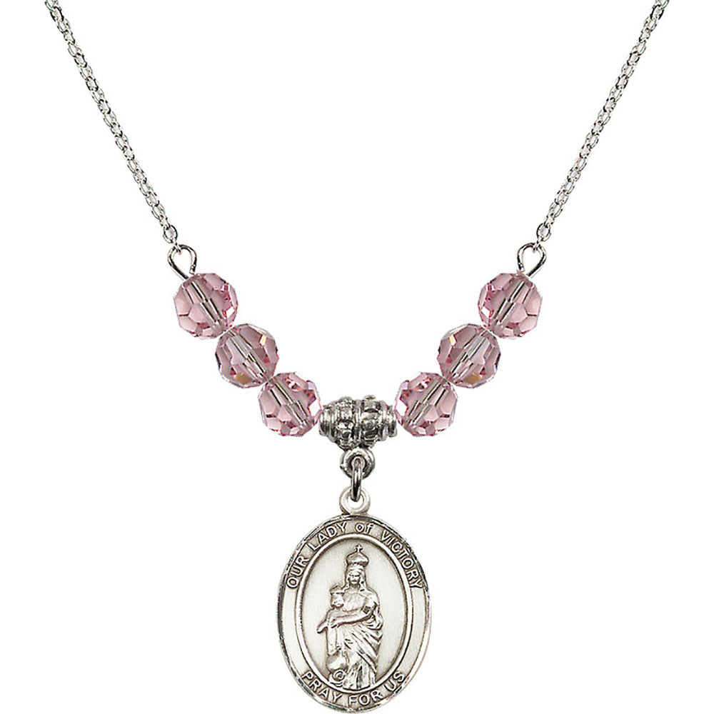Sterling Silver Our Lady of Victory Birthstone Necklace with Light Rose Beads - 8306