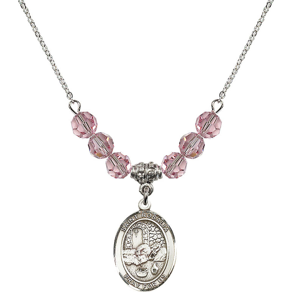 Sterling Silver Saint Rosalia Birthstone Necklace with Light Rose Beads - 8309