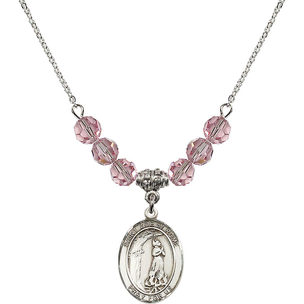 Sterling Silver Saint Zoe of Rome Birthstone Necklace with Light Rose Beads - 8314