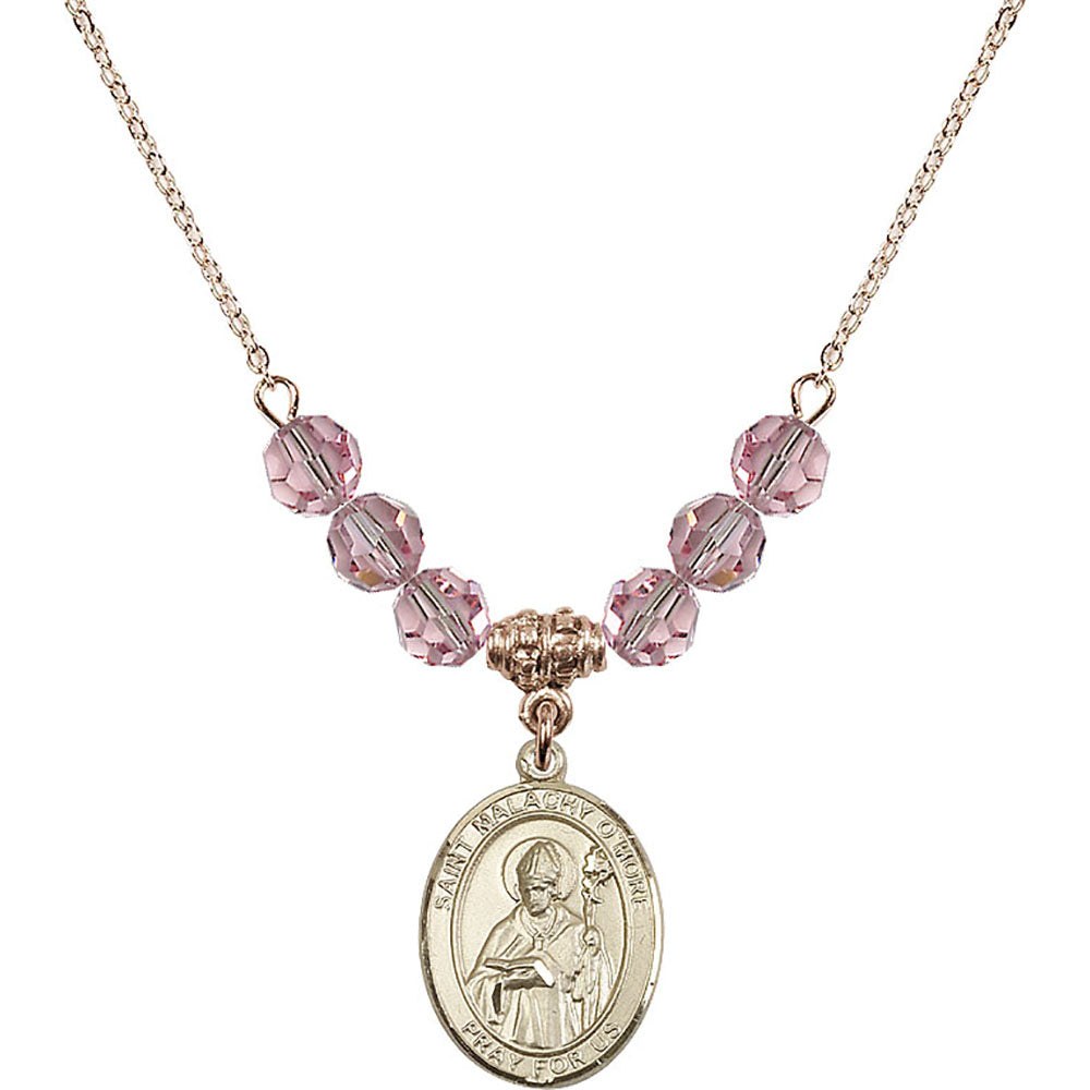 14kt Gold Filled Saint Malachy O'More Birthstone Necklace with Light Rose Beads - 8316