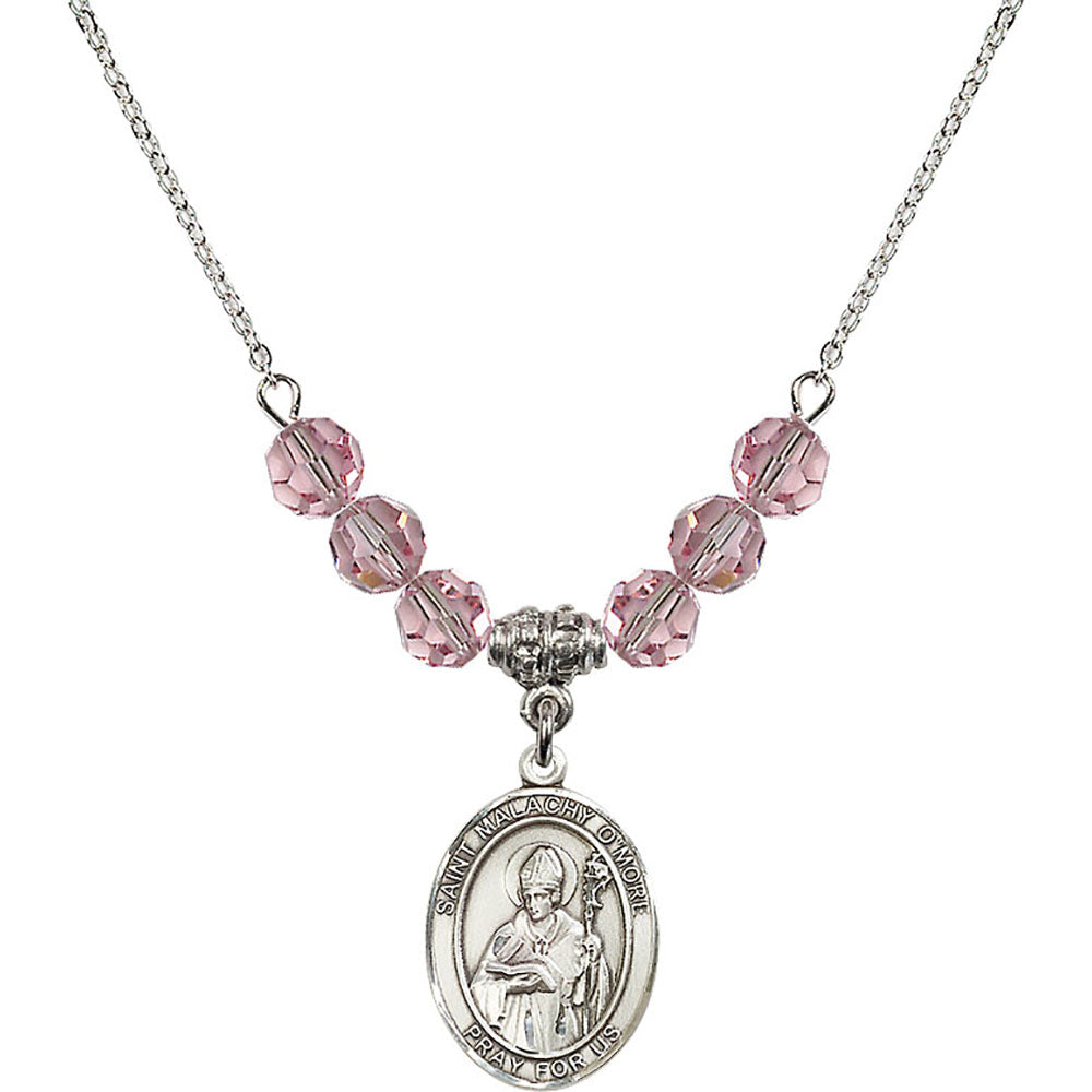 Sterling Silver Saint Malachy O'More Birthstone Necklace with Light Rose Beads - 8316